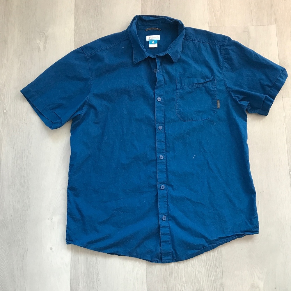 COLUMBIA CAMP SHIRT BLUE COTTON POPLIN SHORT SLEEVES LARGE